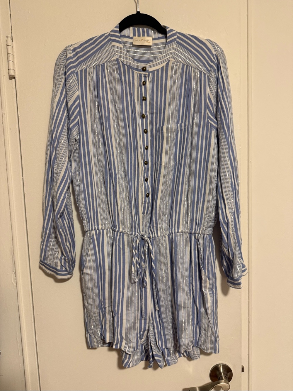 Lyla Dumont-Heartloom Blue and White Striped Button Romper-L